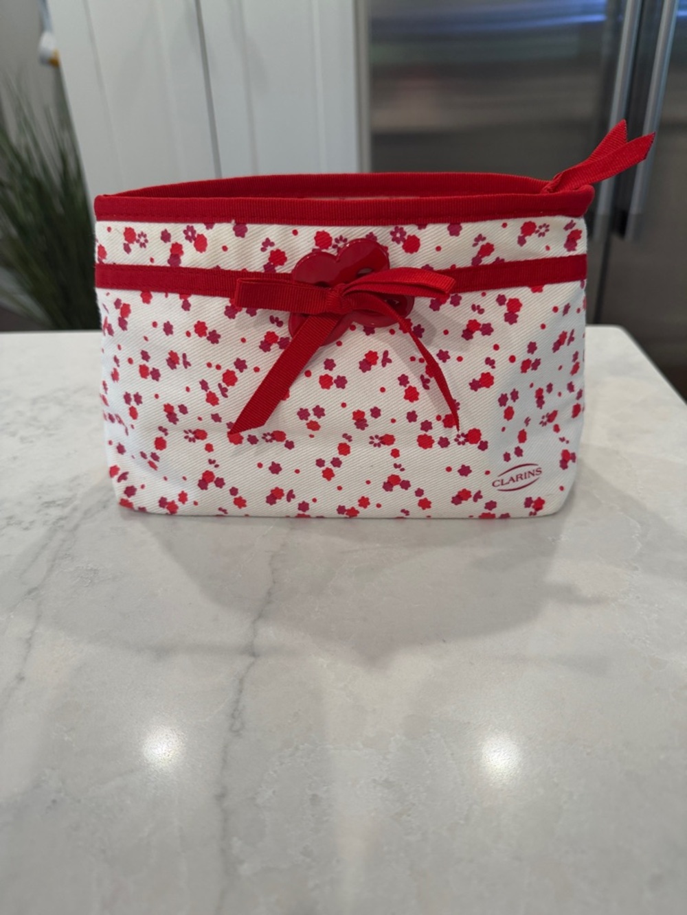 Clarins White Cosmetic Pouch with Red Floral Print